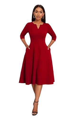 Image of Nmoder Midi Dresses for Women A-Line Fit and Flare Dress 3 /4 Sleeve V Neck Cocktail Wedding Guest Work Dress with Pockets