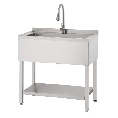 Image of EcoStorage Stainless Steel Utility Sink, Oversized Freestanding Single Bowl Utility Sink, Pull-Out Faucet, Garage, Laundry Room, Business, NSF Certified, 36 inchW x 20 inchD x 50 inchH (NHA-0322)