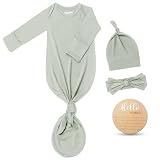 Hello World Newborn Outfits Knotted Gown 0-3 Months, Baby Girl Boy Coming Home Sleeper Clothes with Wooden Sign