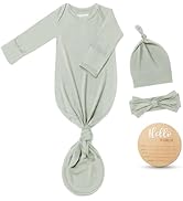 Hello World Newborn Knotted Gown 0-3 Months, Coming Home Outfit Baby Bamboo Viscose Sleeper with ...