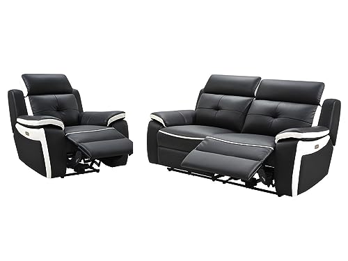 Vente-unique - Canapé 3 Places et Un Fauteuil Relax électrique en Cuir Angelique - Noir/Blanc