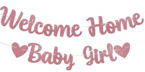 Welcome Home Baby Girl Banner - Pink Baby Shower Decorations for Girl Gender Reveal Baby Shower Inside Outside Decoration Rose Gold Glitter