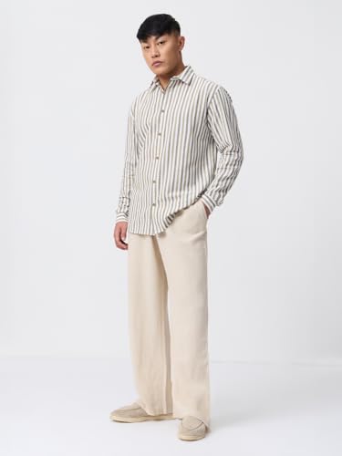 Image of The Souled Store: Echo Men and Boys Long Sleeve Spread Collar Beige and Blue Striped Regular Fit Casual Easy to Wear Summer Ready Lightweight Cotton Linen Shirt