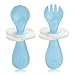 Vicloon Juego de Tenedor y Cuchara para Bebés, Cuchara de Entrenamiento para Bebés,Vajilla Autónoma de Silicona Segura para Niños Pequeños(Azul)