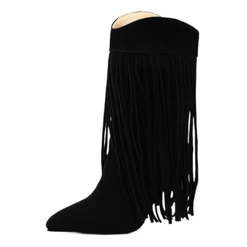 Onewus Botines para mujer con flecos | 7,5 cm tacón imitación ante para cenas y uso diario, Negro , 39 EU
