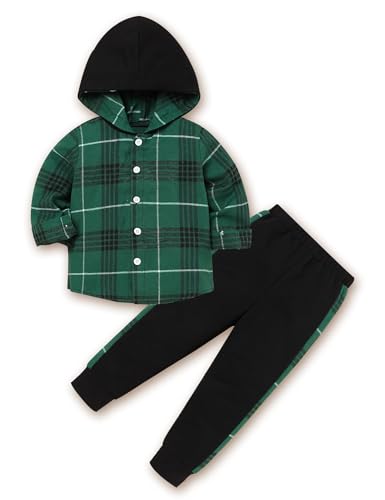 Image of Fuermos Toddler Baby Boys Clothes Flannel Lattice Button Down Hooded Tops +Pants Boys Fall Winter Outfits