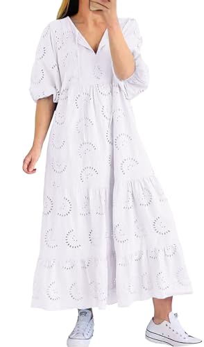 Image of chouyatou Women's Summer Loose Floral Lace Eyelet Dress Boho Casual Notch Neck Maxi Tunic Beach Dress