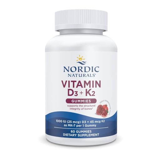 Nordic Naturals Vitamin D3 + K2 Gummies, Pomegranate - 60 Gummies - 1000 IU Vitamin D3 + 45 mcg K2 - Great Taste - Bone Health, Promotes Healthy Muscle Function - Non-GMO - 60 Servings
