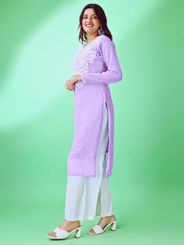 Image of HESVI Women's Georgette White Lakhnavi Chikankari Kurti with Intricate Embroidery Work