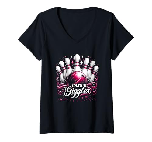 Mujer Splits Giggles Bowling Team Bowler Sport Bowling Pins Ball Camiseta Cuello V