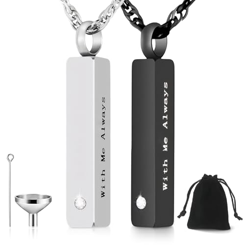 kodivenj 2 Pcs Urn Necklace for Ashes Men Women Cremation Jewellery for Ashes Black Silver Stainless Steel Bar Pendant Necklace Memorial Lockets Ashes with Funnel and Flannel Bag