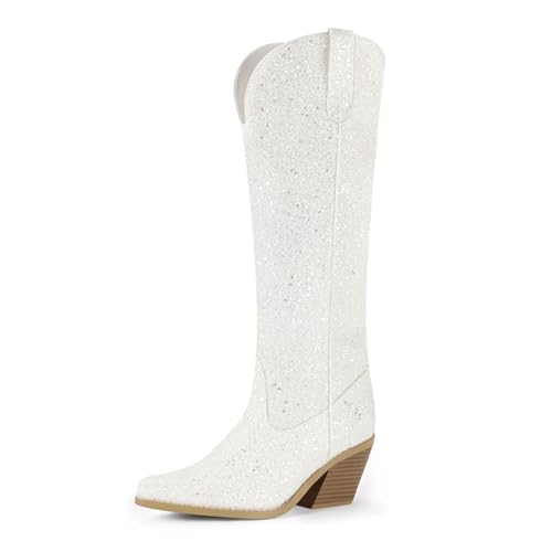 IDIFU IN3 Sparkly Cowboy Cowgirl Boots for Women Knee High Tall Long Glitter Dress Low Chunky Block Heel Sequin Sparkle Wedding Party Date Bride Ladies Bling Shiny Boots