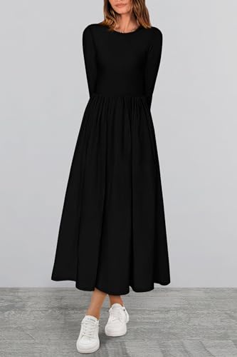 KIRUNDO Women Casual Long Sleeve Midi Dress 2025 Fall Wedding Guest Flowy Bohemian Modest Long Dresses with Pockets2