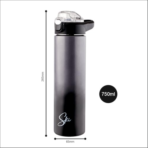 Image of SKi Homeware Stainless Steel Sipper Water Bottle 750ml with Push Button Flip-Top Cap for School, Office, Gym, Travel, Adults & Teens, Leakproof, Rust Free, Dual Colour Grey Gradient (Marco-Grey)