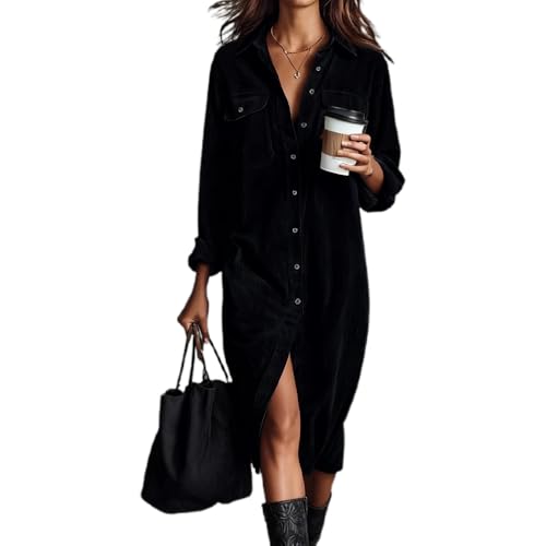 Vestido Camisero de Pana para Mujer, Estilo otoño, con Botones. Vestido Casual de Manga Larga con Cuello de Solapa y Bolsillos. (Black,M)
