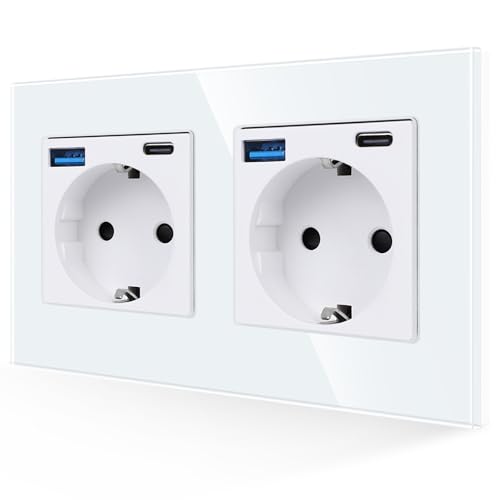 JIMEIDA Doppelsteckdose mit USB 20W Schnelles Laden in Weiß, 16Amp Glas Schuko Steckdosen mit USB Anschluss und Typ C Port max, Unterputz Schutzkontakt Wandsteckdose-157 * 86mm, 250V, 2 Fach