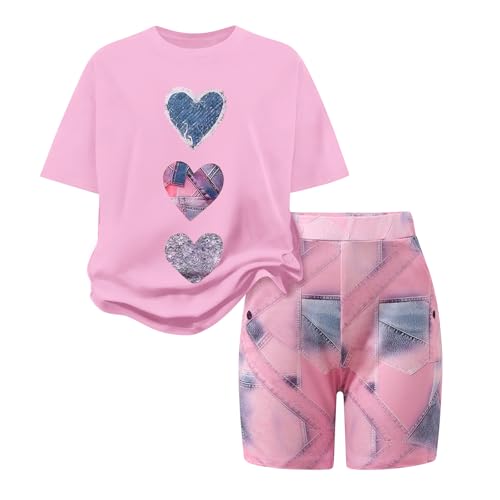 Voxikodex Size 9 10 Years Girls Clothes 2 Piece Short Sleeve Tee Tops & Short Set Fashion Kids Girls Summer Vacation Outfits Set Pink(9-10Y)
