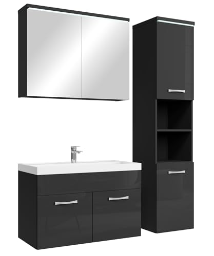 Badplaats Badmöbel Komplettset Paso LED 80 x 40 cm Schwarz Hochglanz - Badezimmermöbel mit Waschbecken, Spiegelschrank und Badezimmerschrank