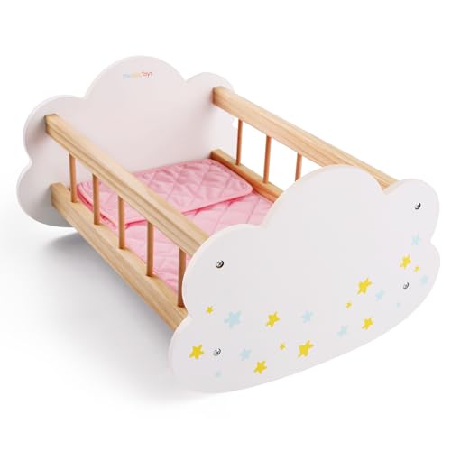 BABESIDE Wooden Baby Dolls Bed for 12-16 Inches Doll, Rocking Babys Doll Crib, Sleep Bed, Baby Dolls Accessories Furniture fit Newborn Dolls Boys&Girls