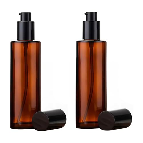 2 botellas vacías de 120 ml / 4 onzas, botes vacios para rellenar, rellenables, de vidrio ámbar, dispensadores de jabón, recipientes con tapa negra para base, crema, maquillaje, aceite y champú
