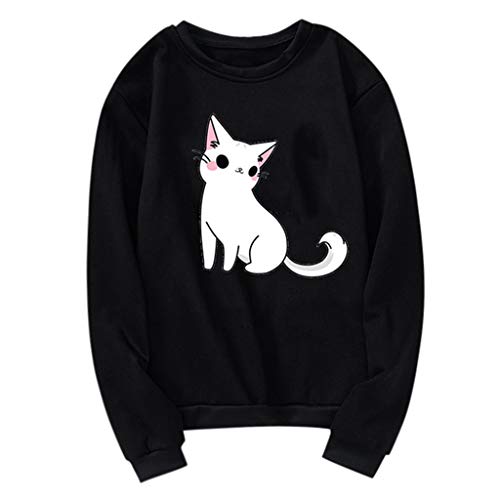 Blusas y Tops, Unisex Hombres Mujeres Casual Manga Larga O-Cuello Gato Impreso Sudadera Pullover, Blusas para Mujeres Elegante Negro M