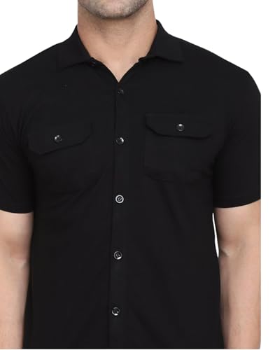 Image of Men's Half Sleeve Shirt - Spread Collar Casual Shirt with Double Flap Pockets - Slim Fit Cotton Blend Button-Down