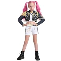 Girls Pop Star Rumi Costume Kids Golden 3 Piece Idol Dancer Rumi Outfit with Golden Chain Print for Kids Halloween Costumes Demon Cosplay Hunters Stage Performance Outfit ZW092M