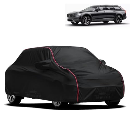 Image of Waterproof Car Cover for Volvo V90 | All-Weather Protection, Dustproof & UV Resistant | Triple Stitched Mirror Pockets, Windproof Buckle Strap with Elastic Hem, Black-Red Piping