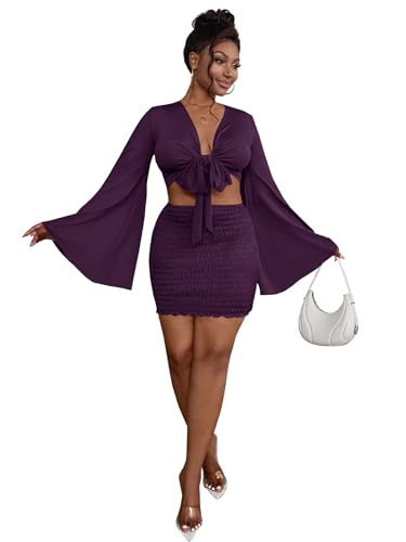 Image of LYANER Women 2 Piece Vacation Outfits Tie Knot Front Bell Long Sleeve Crop Top and Mini Skirt Summer Set