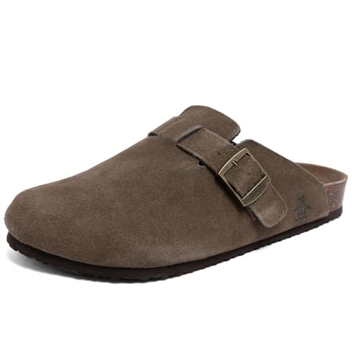 Original Penguin Tamancos masculinos de couro e camurça com alça de fivela ajustável e palmilha de cortiça confortável Mules, Cinza-escuro, 41