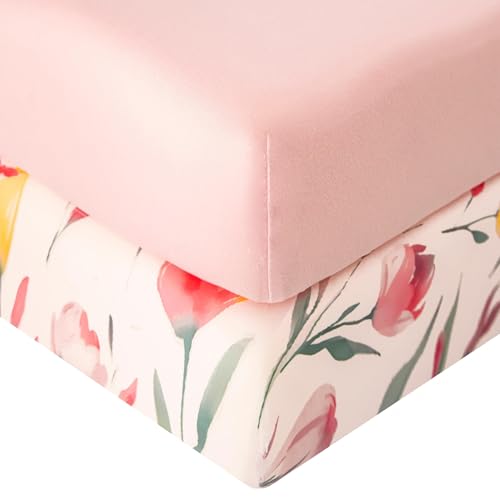 Image of SDIII 2 Pack Pink Floral Crib Sheets for Baby Girl 52x28 Stretchy Microfiber Jersey Knit Pink Crib Sheets for Standard Crib and Toddler Mattress