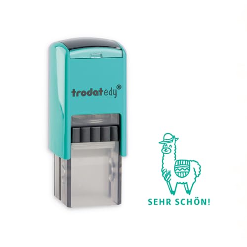 Trodat edy FIX Motivationsstempel für Lehrer und Pädagogen Stempelset zum Motivieren 1 Motiv Lama SEHR SCHÖN Deutsch Gehäuse Mint Grün Abdruck grün Selbstfärbend 20 x 20 mm