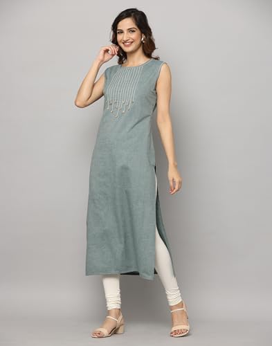 Image of Solid Sleeveless Kurta with Thread & Button Work