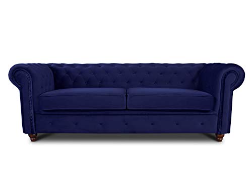 Sofa Chesterfield Asti 3-Sitzer, Couch 3-er, Glamour Design, Couchgarnitur, Sofagarnitur, Holzfüße, Polstersofa - Wohnzimmer, Velours (Dunkelblau (Velvet 86))