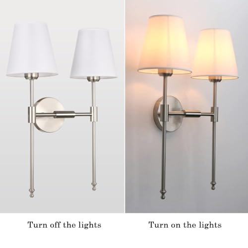 Image of PERMO Industrial Double Sconce Large 2-Lights Wall Sconce with Flared White Textile Lampshade and Brushed Nickel Finished Long Arm for Bathroom Bedroom, Hardwired Wall Sconces