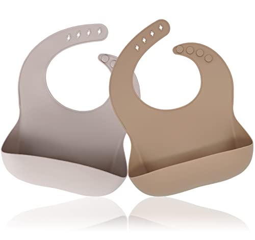 Image of Socub Silicone Baby Bibs Set of 2, Waterproof Silicone Bibs for Babies & Toddlers, BPA Free, with Food Catcher Pocket, Sand, Light Grey