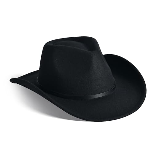Image of Willheoy Classic Western Cowboy Hat Cowgirl Hat Unisex Men's & Women's Wide Brim Felt Fedora Hat Flat Top Hat with Buckle Belt, 7 1 /4-7 1 /2, Black 2#