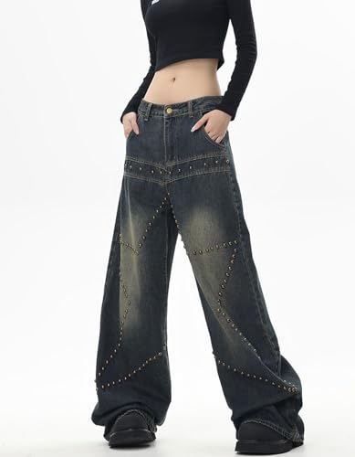 Street Fashion Loose Jeans Women's Y2k Rivet Star Gothic Loose Denim Pants4