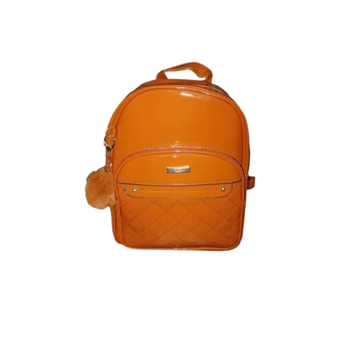 Mochila Feminina de Verniz, Casual, Poliéster, Grande, Impermeável, Retangular, Acompanha Chaveiro Pompom (Laranja)