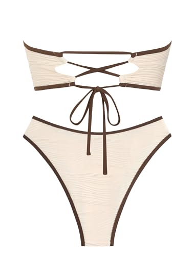 Image of ZAFUL Women Strapless Textured Bandeau Bikini 2 Piece Swimwear Cheeky Solid Lace up Bathing Suits