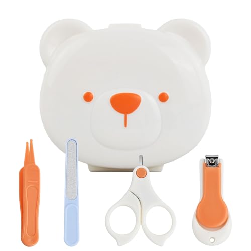 Ziyonix Paquete de 4 Juego de Cuidado de Uñas para Bebés, Set Cuidado Bebe Recien Nacido con Clippers Tijeras Lima Pinzas para Bebés Recién Nacidos (Oso Blanco)