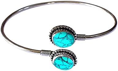 Simulated Turquoise gemstone adjustable fashion cuff bracelet for women, modern authentic handmade 925 sterling silver 2 micron plated modern bracelet by artisans, December birthstone