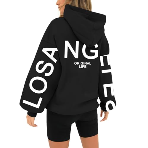 HUIFUAO Los Angeles Hoodies for Women Plus Size Sweatshirts Trendy Letter Print Pullover Autumn Loose Casual Long Sleeve Tops Sport Streetwear Sweatshirts with Pockets (Black, XXXXXL)