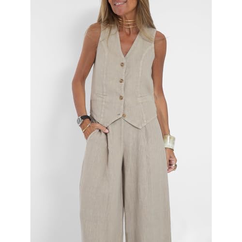 Linen Set for Women 2 Piece Vest and Pants Sets V Neck Button Down Tops Wide Leg Pants Suits Casual with Pockets3