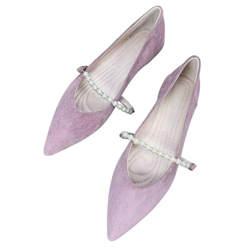 ChaiRong Zhou Women Elegant Pearl Ankle Strap Suede Mary Jane Flats Pointed Toe Lightweight Ballet Party Dress Shoes