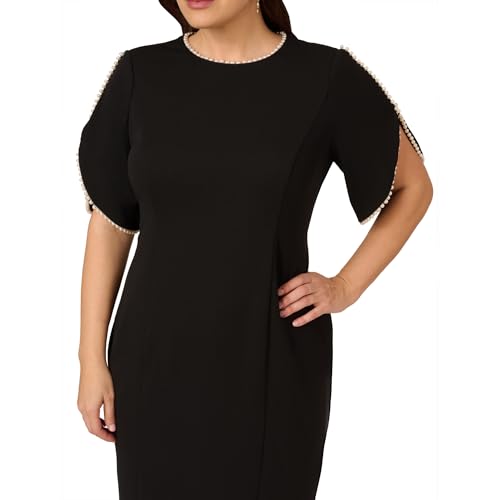 Image of Adrianna Papell Women's Knit Crepe Pearl Midi Dress | Knee Length Cocktail Dress with Pearl Trim & Tailored Fit