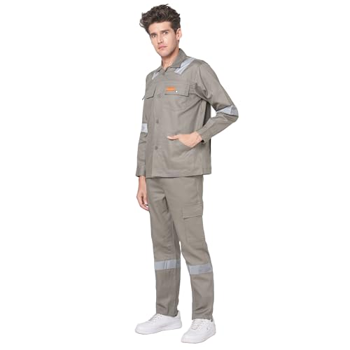 Image of Men's 100% Cotton Industrial Workwear Jacket & Pant Set with Reflective Tape, OEKOTEX, 200 GSM.