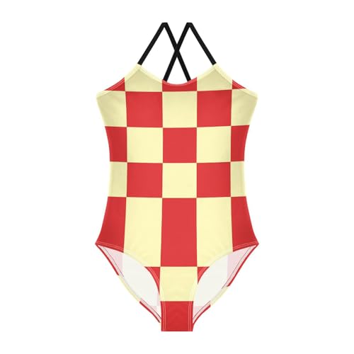 Image of Black and White Chess Girls One Piece Swimsuits Board Marble Tile Sport Halter Swimwear Beach Bathing Suit 3T