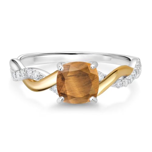 Gem Stone King 925 Sterling Silver and 10K Yellow Gold 6MM Cushion Gemstone Birthstone and Lab Grown Diamond Engagement Ring for Women | Available In Size 5, 6, 7, 8, 92