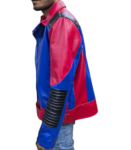 Men’s Red Blue Genuine Sheepskin Quilted Shoulders Stylish Punk Soft Streetwear Biker Rider Leather Jacket4